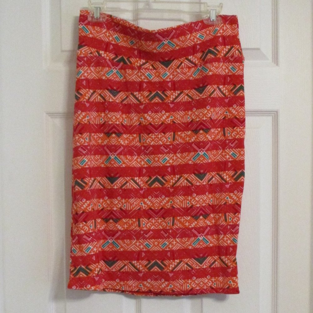 Lularoe Cassie Pencil Skirt Coral Red Boho Stripe High Waist